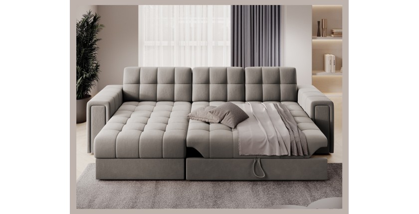 Canapé d’angle convertible KAPITARA beige réversible avec coffre de rangement 