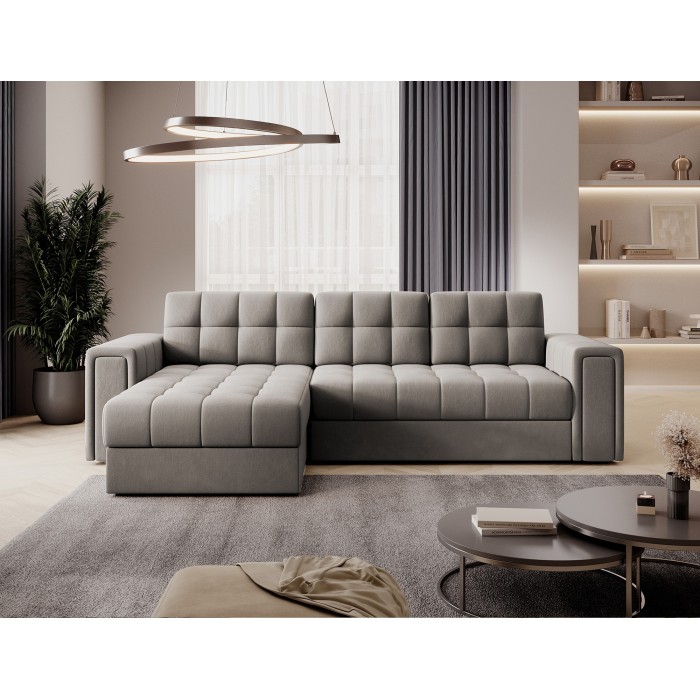 Canapé d’angle convertible KAPITARA beige réversible avec coffre de rangement 