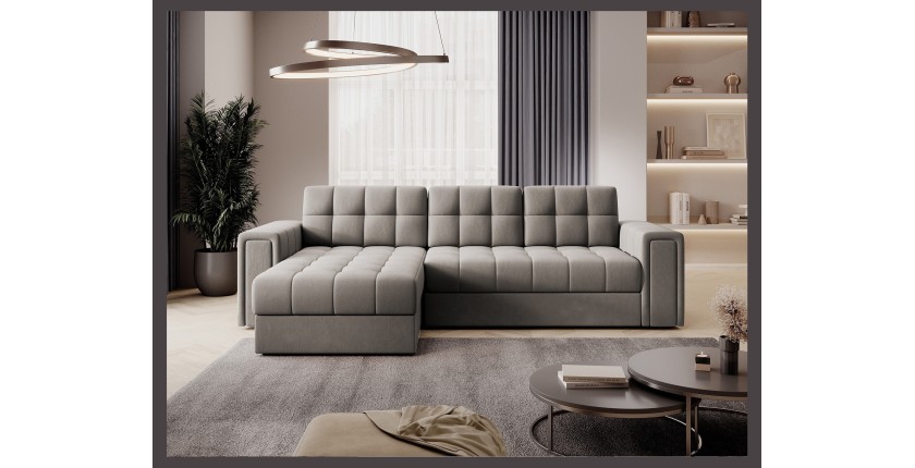 Canapé d’angle convertible KAPITARA beige réversible avec coffre de rangement 