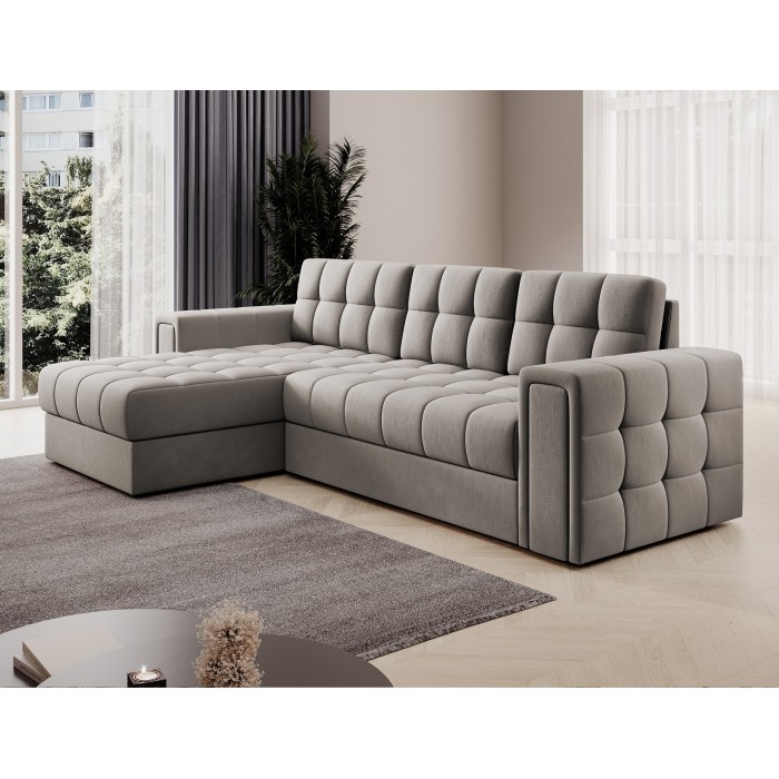 Canapé d’angle convertible KAPITARA beige réversible avec coffre de rangement 