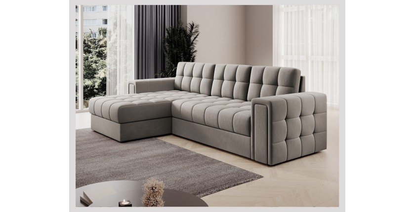 Canapé d’angle convertible KAPITARA beige réversible avec coffre de rangement 