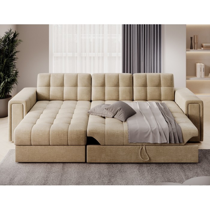 Canapé d’angle convertible KAPITARA beige réversible avec coffre de rangement 