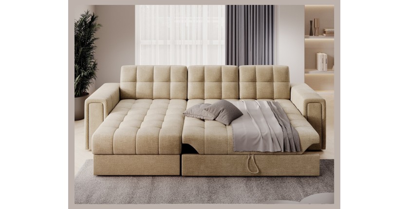 Canapé d’angle convertible KAPITARA beige réversible avec coffre de rangement 