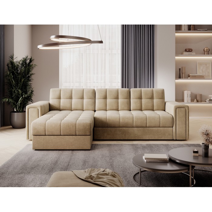 Canapé d’angle convertible KAPITARA beige réversible avec coffre de rangement 