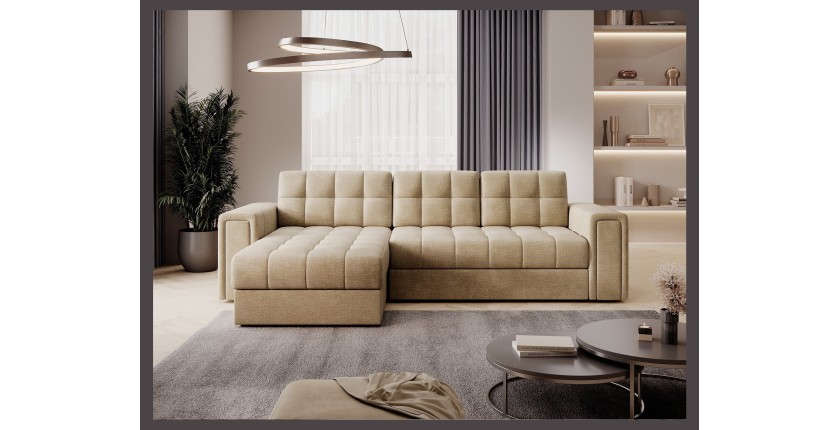 Canapé d’angle convertible KAPITARA beige réversible avec coffre de rangement 