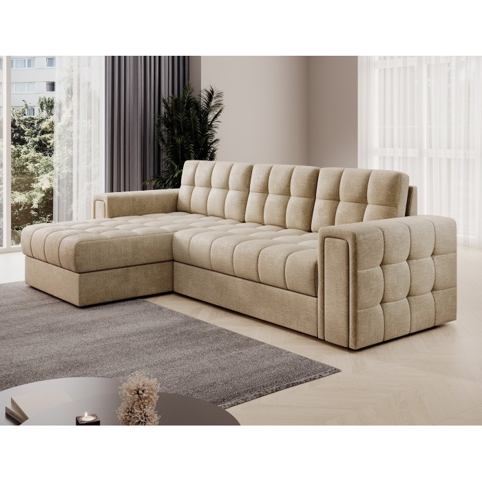 Canapé d’angle convertible KAPITARA beige réversible avec coffre de rangement 
