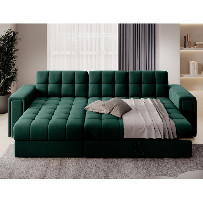 Canapé d’angle convertible KAPITARA vert réversible avec coffre de rangement 