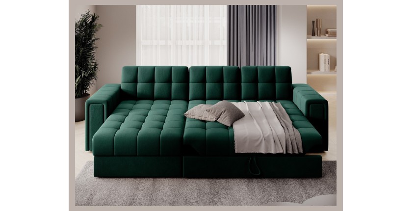 Canapé d’angle convertible KAPITARA vert réversible avec coffre de rangement 