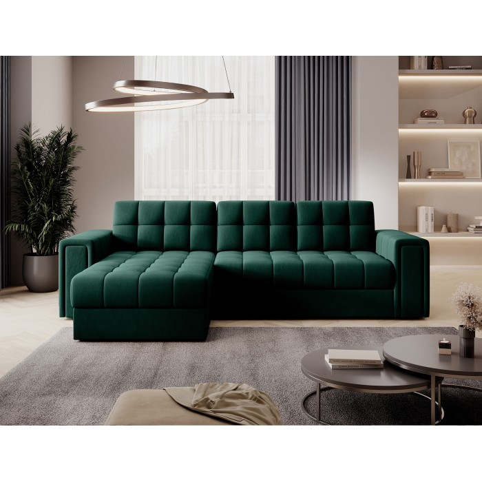 Canapé d’angle convertible KAPITARA vert réversible avec coffre de rangement 