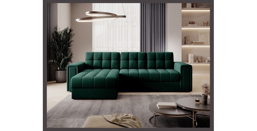 Canapé d’angle convertible KAPITARA vert réversible avec coffre de rangement 