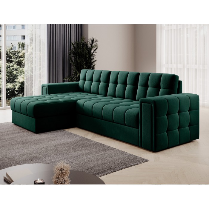 Canapé d’angle convertible KAPITARA vert réversible avec coffre de rangement 