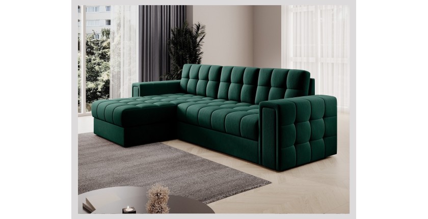 Canapé d’angle convertible KAPITARA vert réversible avec coffre de rangement 