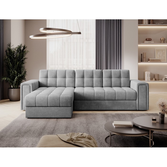 Canapé d’angle convertible KAPITARA gris réversible avec coffre de rangement 