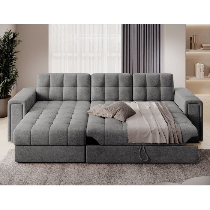 Canapé d’angle convertible KAPITARA gris capitonné réversible avec coffre de rangement 