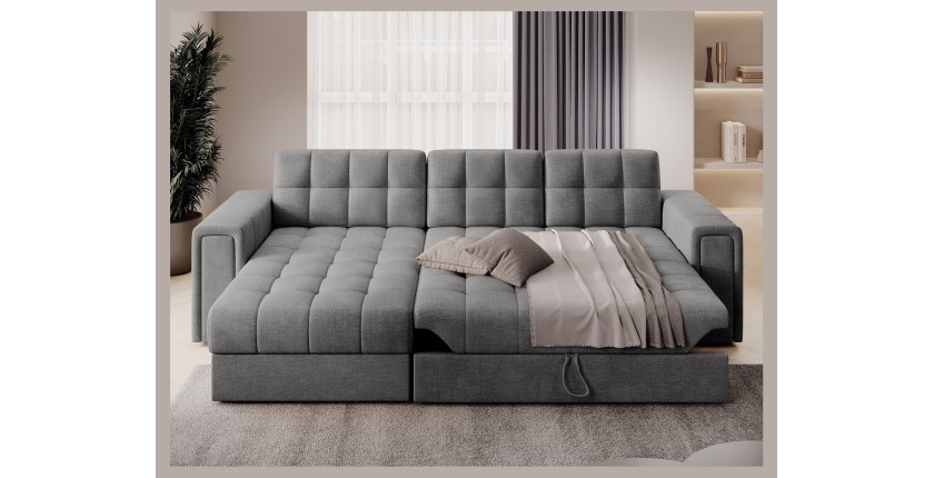 Canapé d’angle convertible KAPITARA gris capitonné réversible avec coffre de rangement 