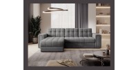 Canapé d’angle convertible KAPITARA gris capitonné réversible avec coffre de rangement 