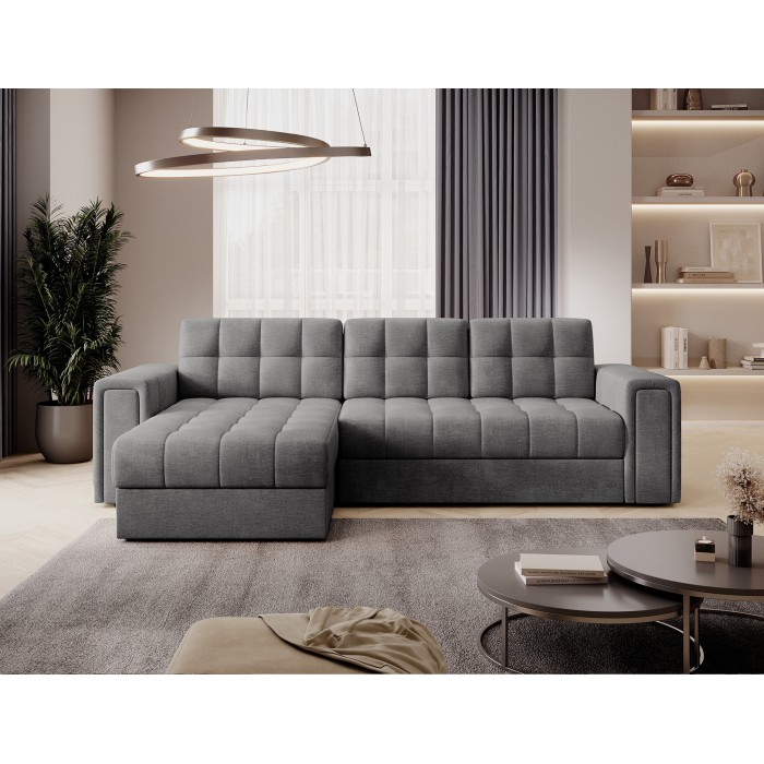 Canapé d’angle convertible KAPITARA gris capitonné réversible avec coffre de rangement 