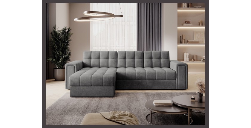 Canapé d’angle convertible KAPITARA gris capitonné réversible avec coffre de rangement 