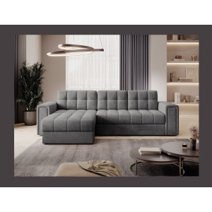 Canapé d’angle convertible KAPITARA gris capitonné réversible avec coffre de rangement 