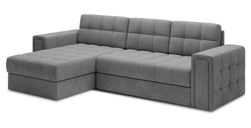 Canapé d’angle convertible KAPITARA gris capitonné réversible avec coffre de rangement 