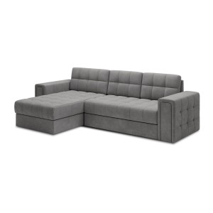 Canapé d’angle convertible KAPITARA gris capitonné réversible avec coffre de rangement 