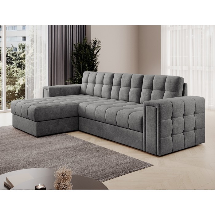Canapé d’angle convertible KAPITARA gris capitonné réversible avec coffre de rangement 