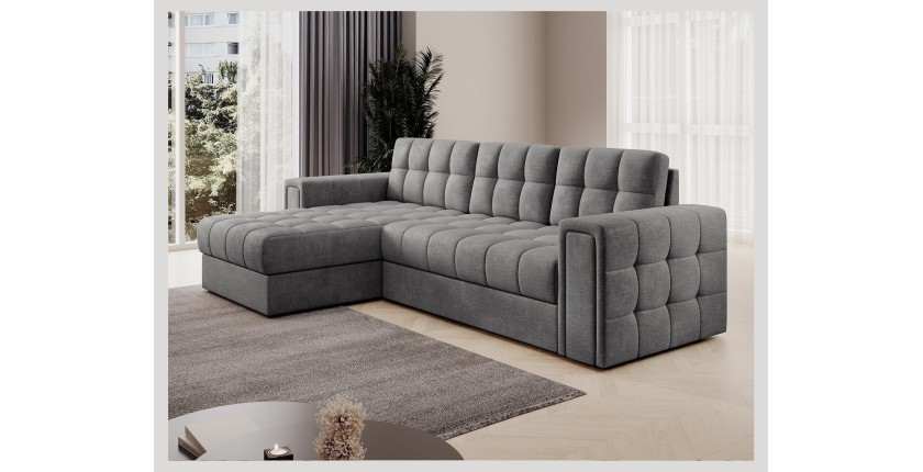 Canapé d’angle convertible KAPITARA gris capitonné réversible avec coffre de rangement 