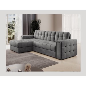 Canapé d’angle convertible KAPITARA gris capitonné réversible avec coffre de rangement 