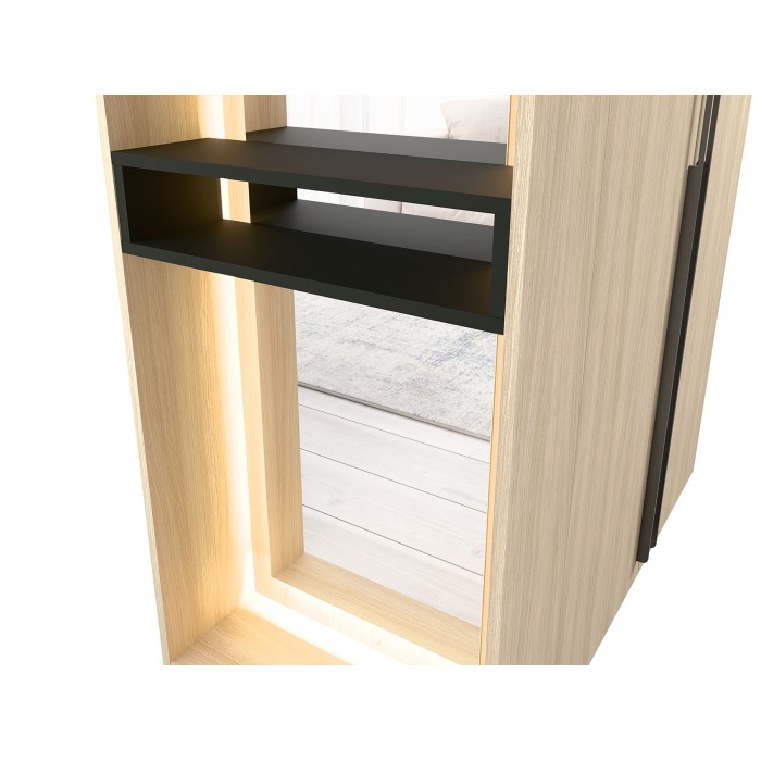 Schrank Design SORIA 204 cm Eiche und Schwarz mit LED-Spiegel, Nische und Regalen – 2 Flügeltüren