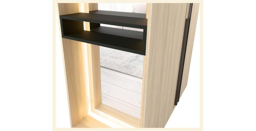 Schrank Design SORIA 204 cm Eiche und Schwarz mit LED-Spiegel, Nische und Regalen – 2 Flügeltüren