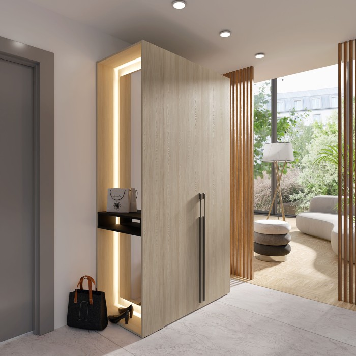 Schrank Design SORIA 204 cm Eiche und Schwarz mit LED-Spiegel, Nische und Regalen – 2 Flügeltüren