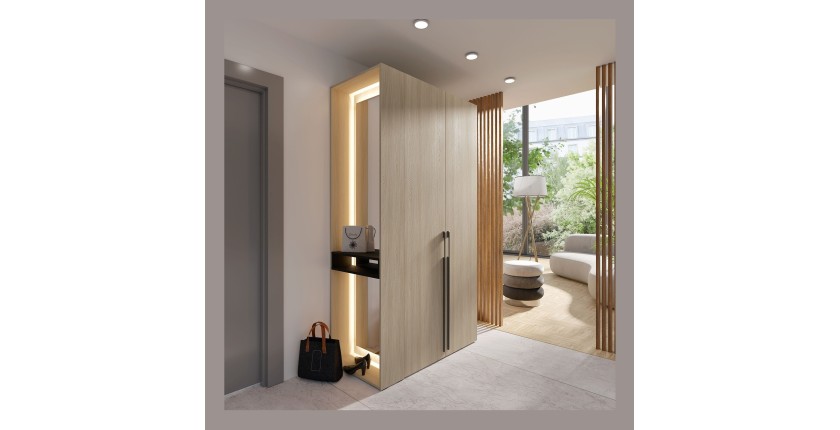 Schrank Design SORIA 204 cm Eiche und Schwarz mit LED-Spiegel, Nische und Regalen – 2 Flügeltüren