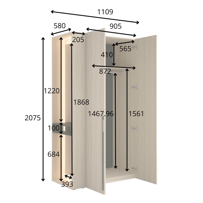 Schrank Design SORIA 204 cm Eiche und Schwarz mit LED-Spiegel, Nische und Regalen – 2 Flügeltüren