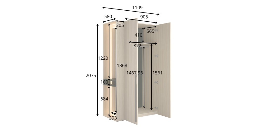 Schrank Design SORIA 204 cm Eiche und Schwarz mit LED-Spiegel, Nische und Regalen – 2 Flügeltüren