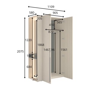 Schrank Design SORIA 204 cm Eiche und Schwarz mit LED-Spiegel, Nische und Regalen – 2 Flügeltüren