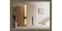 Schrank Design SORIA 204 cm Eiche und Schwarz mit LED-Spiegel, Nische und Regalen – 2 Flügeltüren