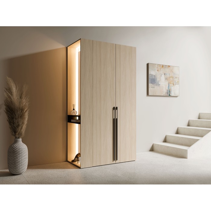 Schrank Design SORIA 204 cm Eiche und Schwarz mit LED-Spiegel, Nische und Regalen – 2 Flügeltüren