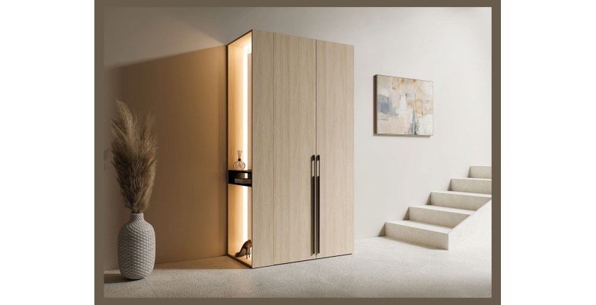 Schrank Design SORIA 204 cm Eiche und Schwarz mit LED-Spiegel, Nische und Regalen – 2 Flügeltüren