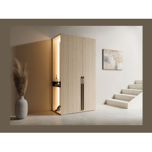 Schrank Design SORIA 204 cm Eiche und Schwarz mit LED-Spiegel, Nische und Regalen – 2 Flügeltüren