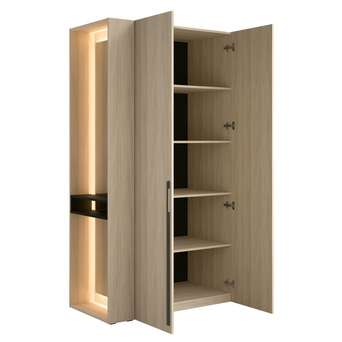 Schrank Design SORIA 204 cm Eiche und Schwarz mit LED-Spiegel, Nische und Regalen – 2 Flügeltüren