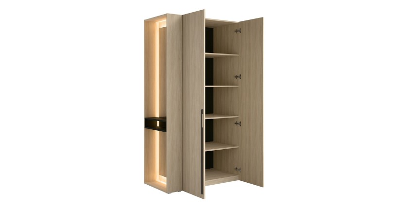 Schrank Design SORIA 204 cm Eiche und Schwarz mit LED-Spiegel, Nische und Regalen – 2 Flügeltüren