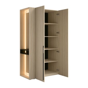 Schrank Design SORIA 204 cm Eiche und Schwarz mit LED-Spiegel, Nische und Regalen – 2 Flügeltüren