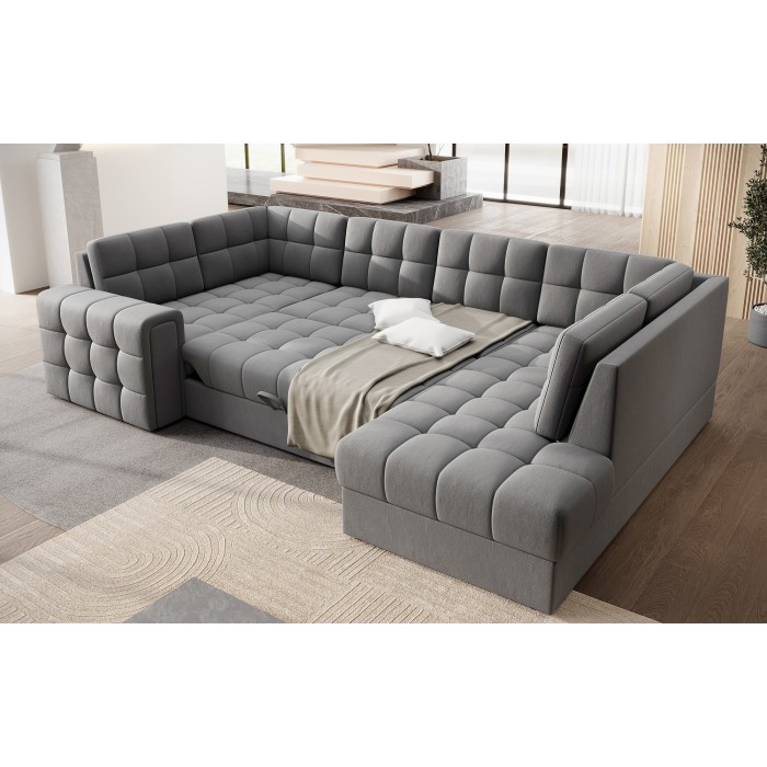 Canapé d’angle convertible MONTEZA gris 299 cm avec coffre et couchage 