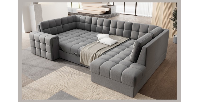Canapé d’angle convertible MONTEZA gris 299 cm avec coffre et couchage 