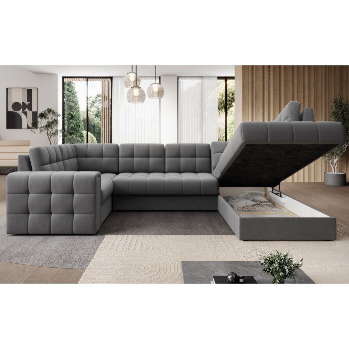 Canapé d’angle convertible MONTEZA gris 299 cm avec coffre et couchage 