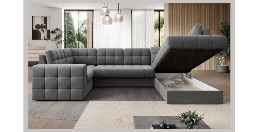 Canapé d’angle convertible MONTEZA gris 299 cm avec coffre et couchage 