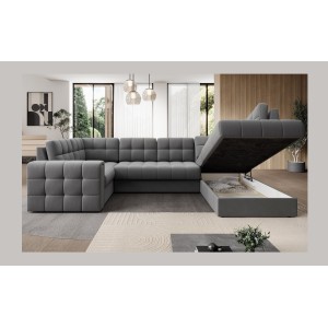 Canapé d’angle convertible MONTEZA gris 299 cm avec coffre et couchage 