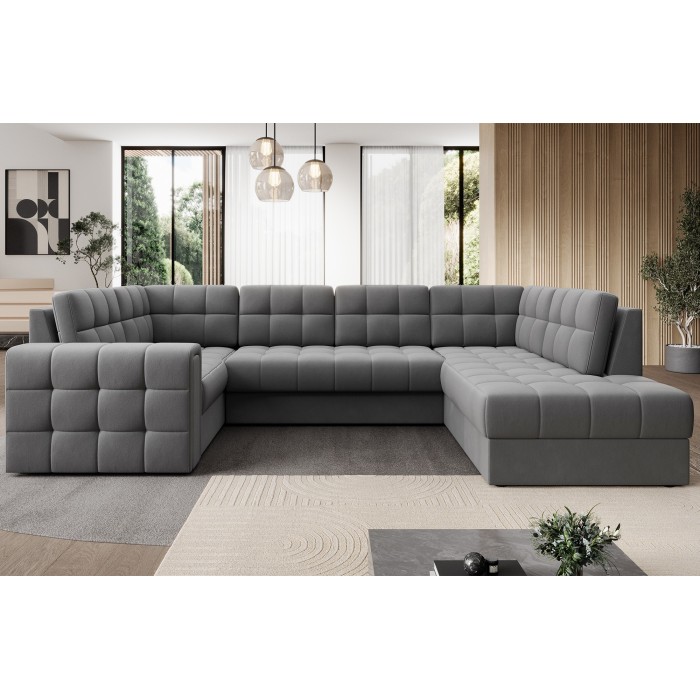 Canapé d’angle convertible MONTEZA gris 299 cm avec coffre et couchage 