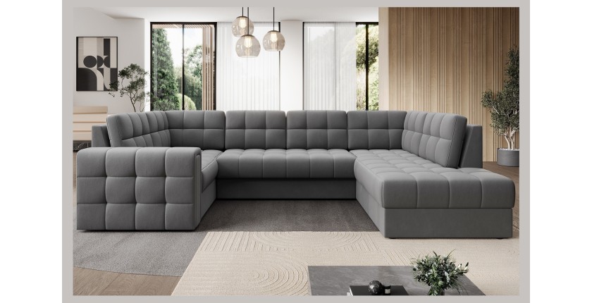 Canapé d’angle convertible MONTEZA gris 299 cm avec coffre et couchage 