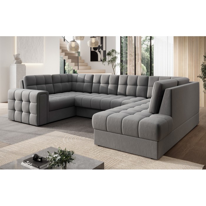 Canapé d’angle convertible MONTEZA gris 299 cm avec coffre et couchage 